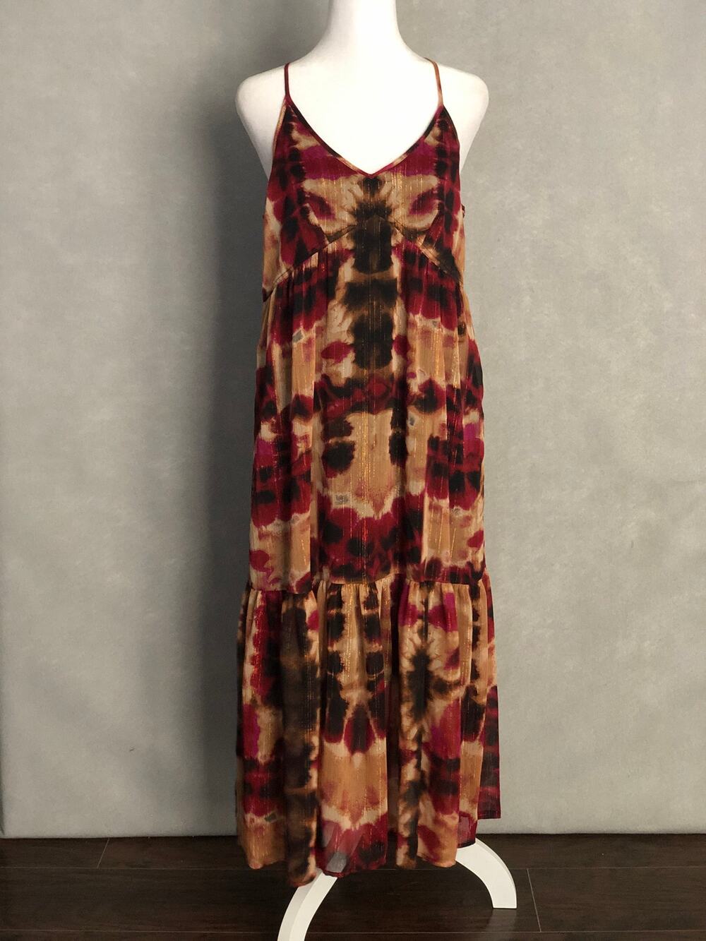 DKNY Printed Lurex Midi Dress V-Neck Sleeveless in Inkblot Women's XL NEW